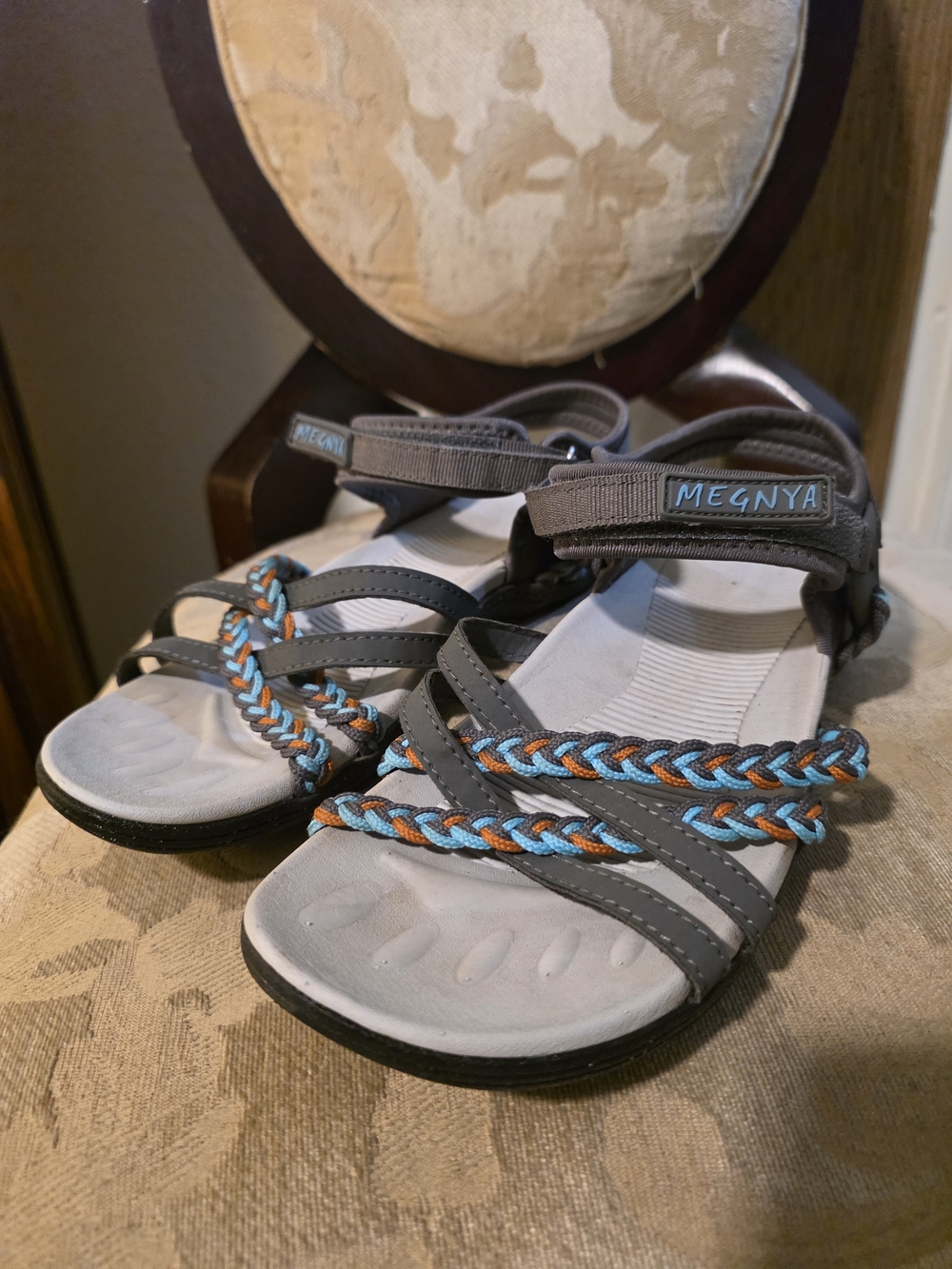 Megnya Women's Gray Sandals with Blue & Orange Braided Straps